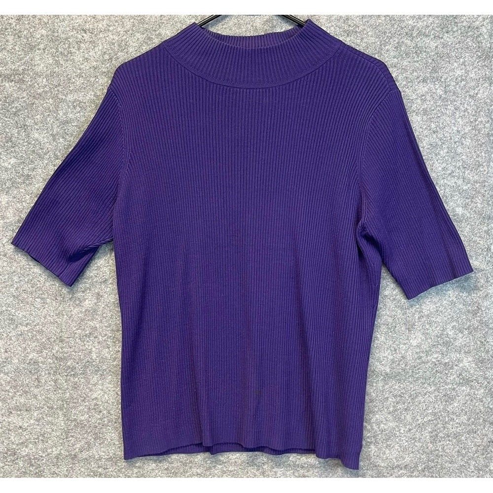 PRESTON & YORK Silk Knit Top Women Large Purple Ribbed Mock Neck Short Sleeve